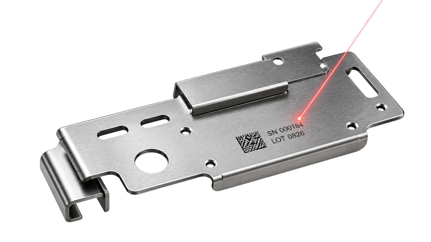 Laserbeschriftetes Blechteil mit DataMatrix und Seriennummer